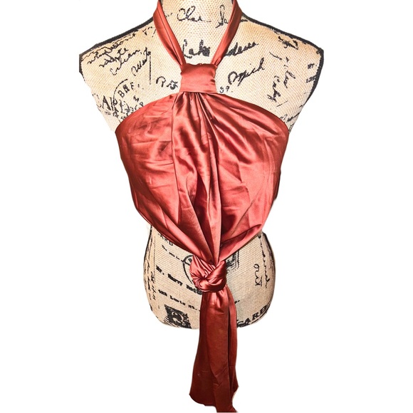 Upscale Shiny Satin Copper Tie Front Apron Halter Top - Picture 8 of 14